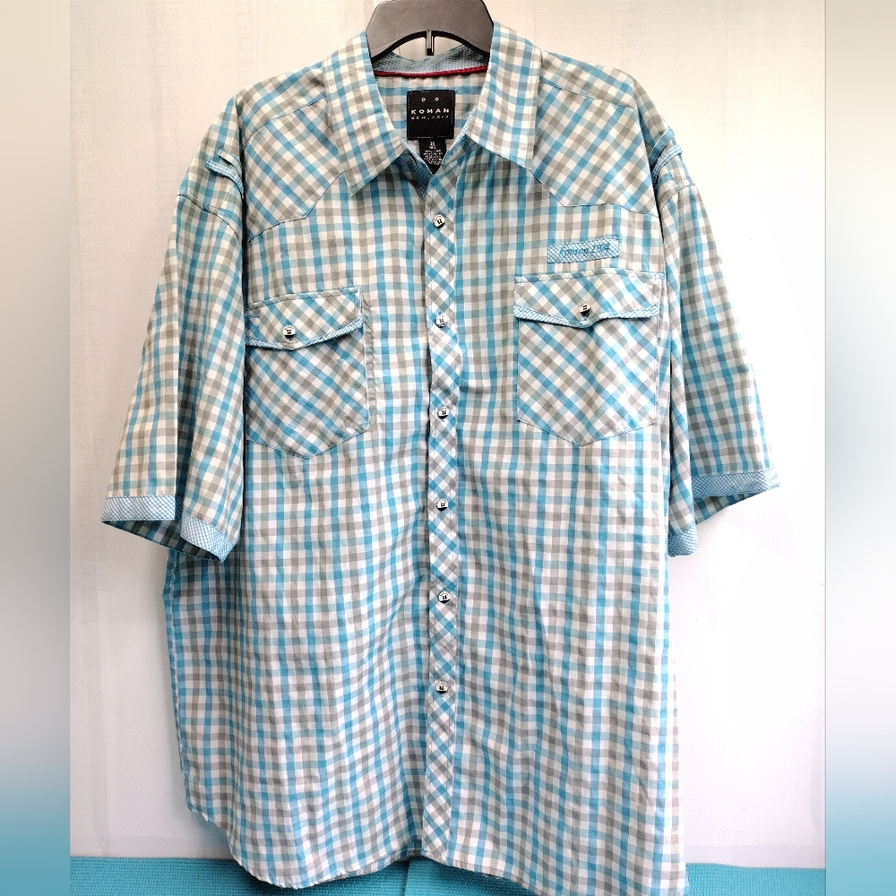 Koman Mens Short Sleeve Shirt Plaid Blue Gray Size 3X Big